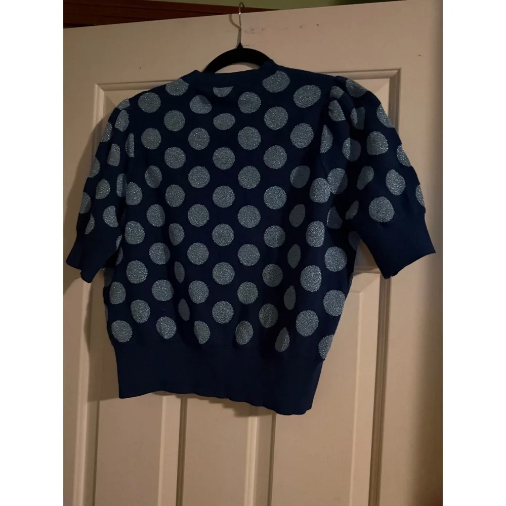 Kate Spade New York Womens XL Blue Metallic Polka Dot Short Sleeve Sweater Top